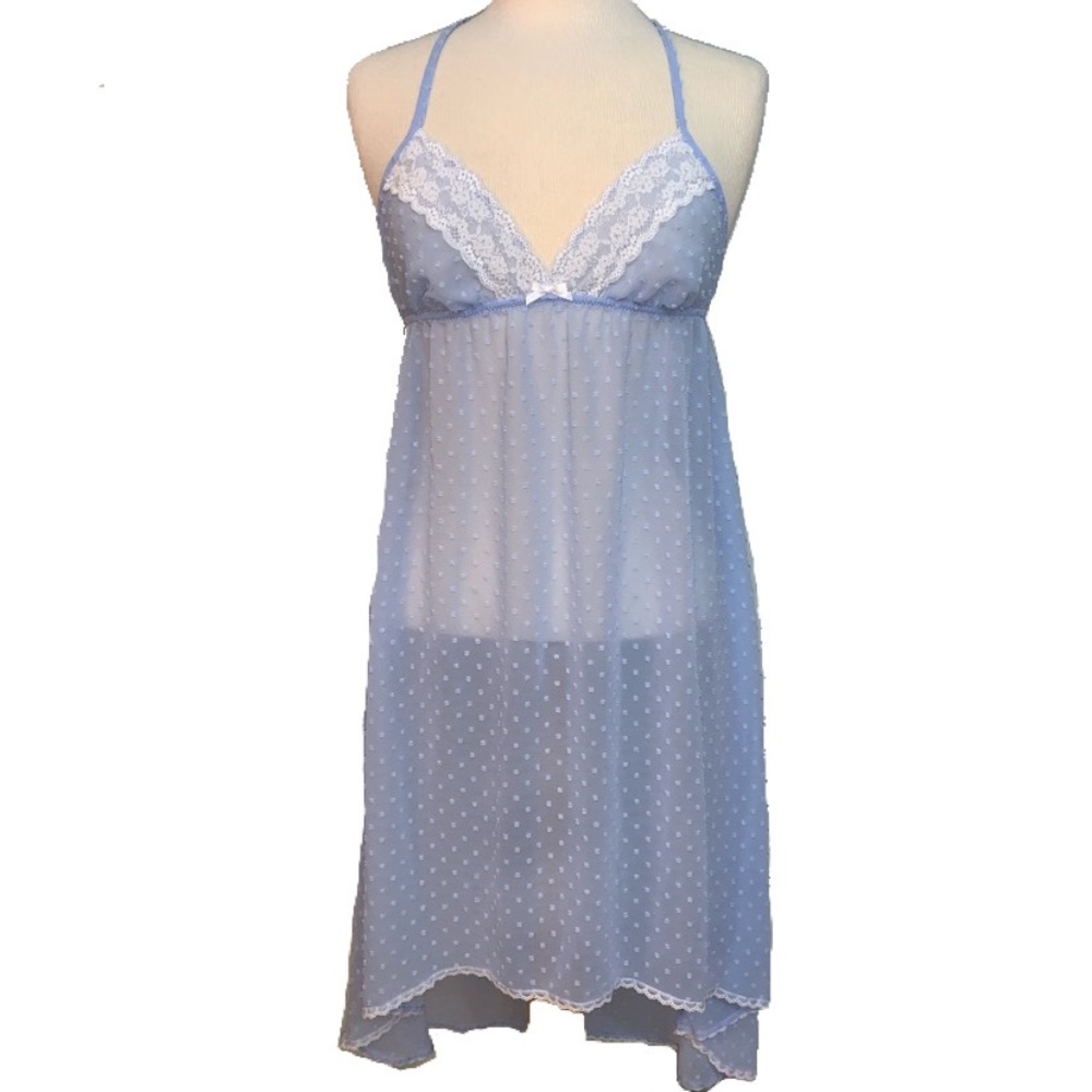 Sheer blue nightie w/lace & polka dots